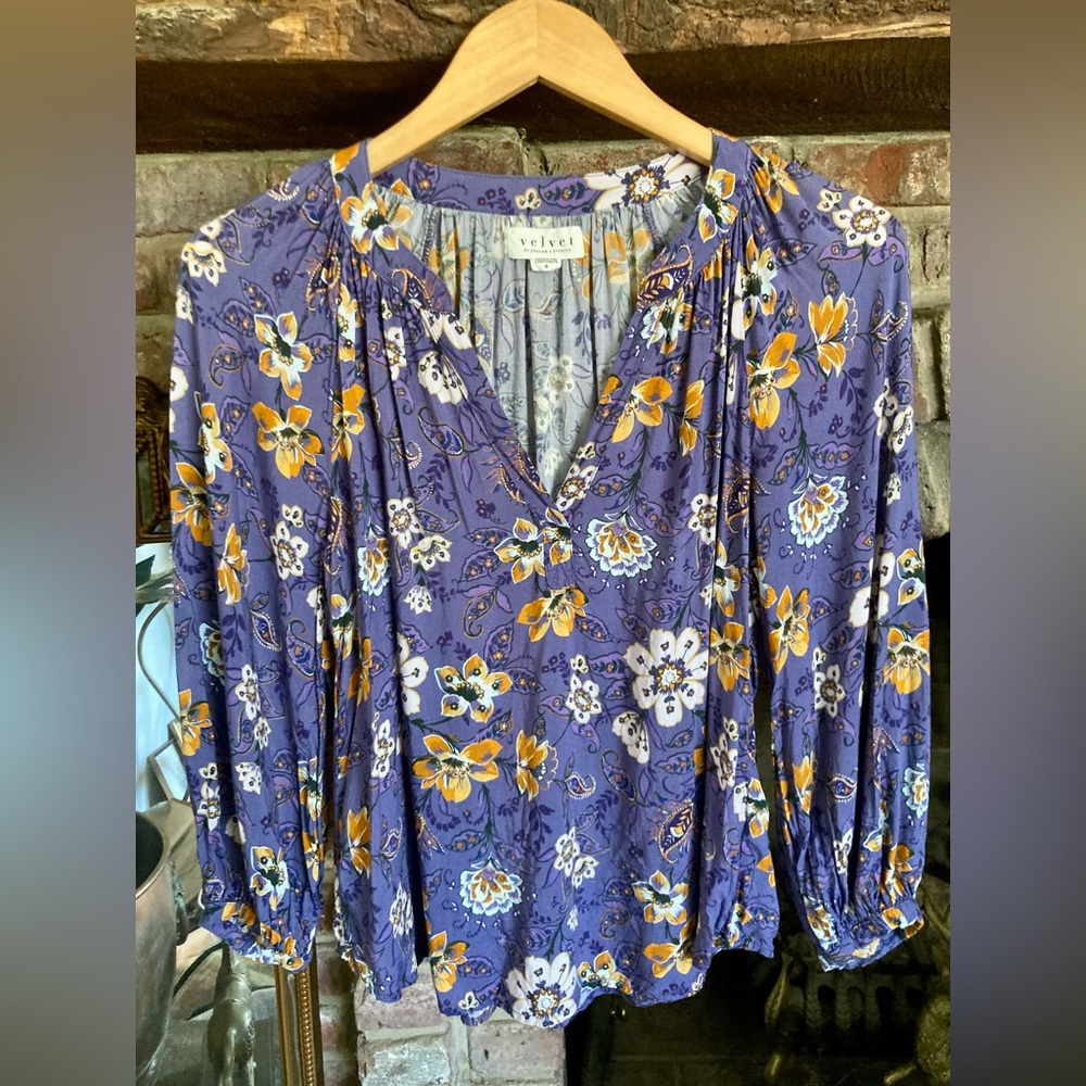 Velvet by Graham & Spencer Briana Floral V Neck Blouse Cottagecore Boho Festival